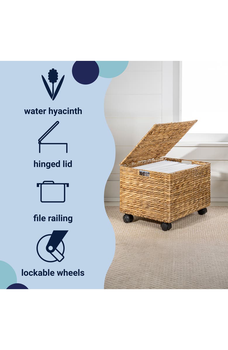 HAPPIMESS Ashton Classic Farmhouse Hand-Woven Hyacinth Rolling Filing Basket with Lid and 360 Degree Lockable Wheels, Alternate, color, 