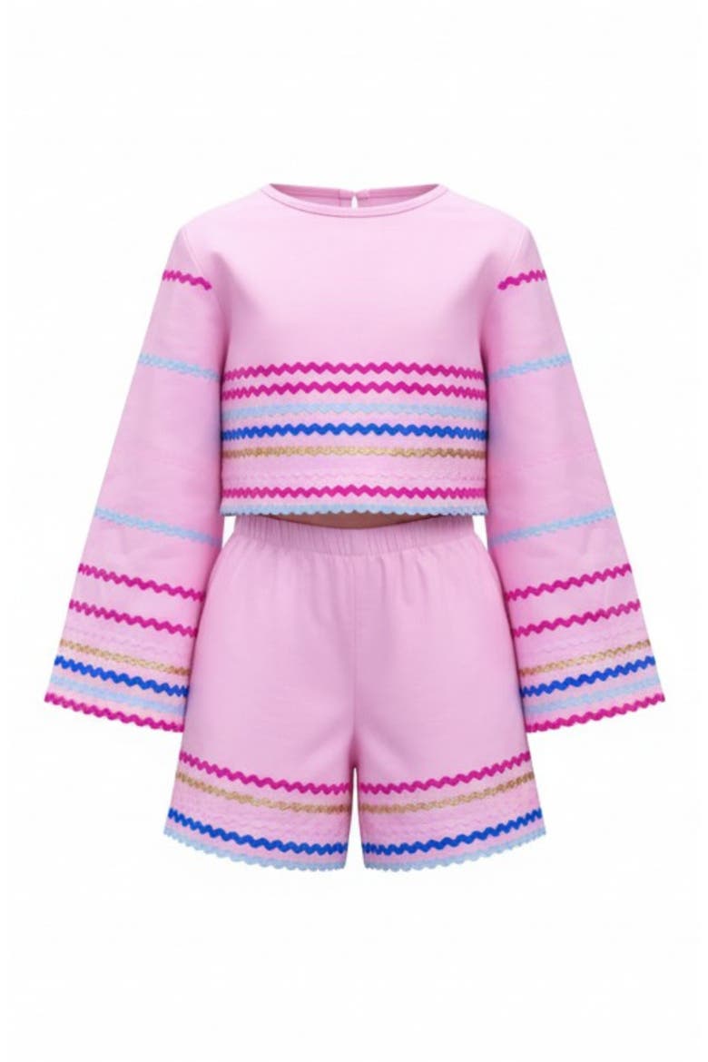 Sunset Waves Cotton Bell Sleeve Top and Short Set, Main, color, Pink