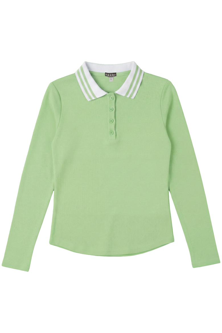 Rib Polo Contrast Stripe Collar Long Sleeve Top, Main, color, Lime Green