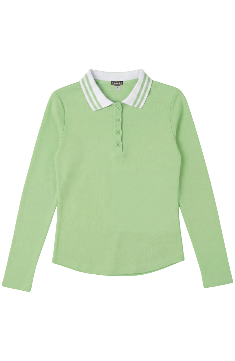 5 Stars Rib Polo Contrast Stripe Collar Long Sleeve Top, Main, color, Lime Green