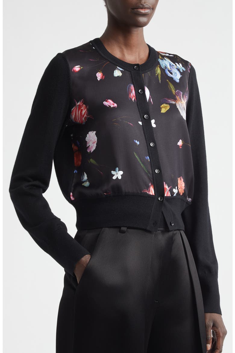 Floral Satin & Merino Wool Cardigan, Alternate, color, DUTCH FLOWER PAINTING BLACK