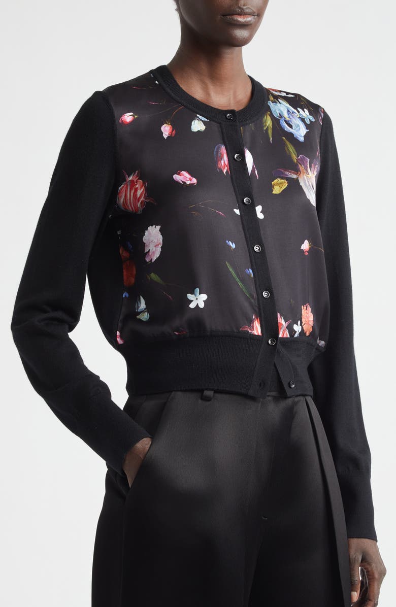 Erdem Floral Satin & Merino Wool Cardigan, Alternate, color, Dutch Flower Painting Black