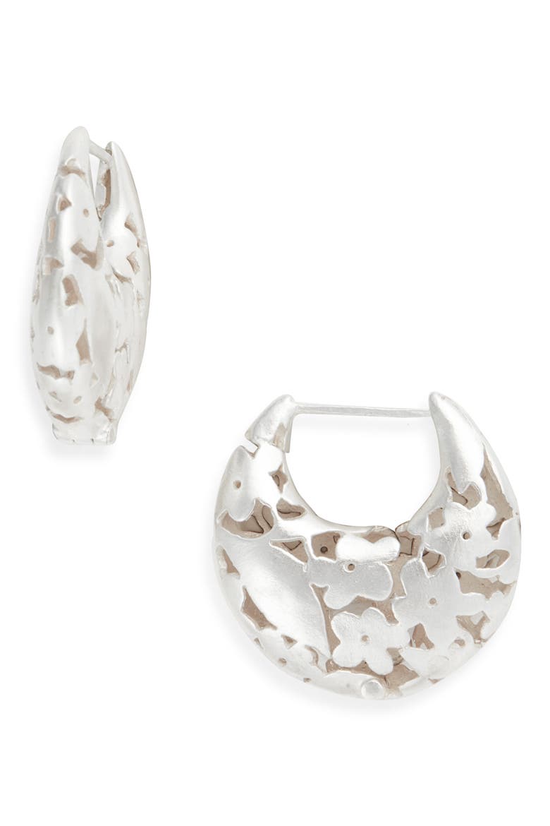 Lace Crescent Hoop Earrings, Main, color, SILVER