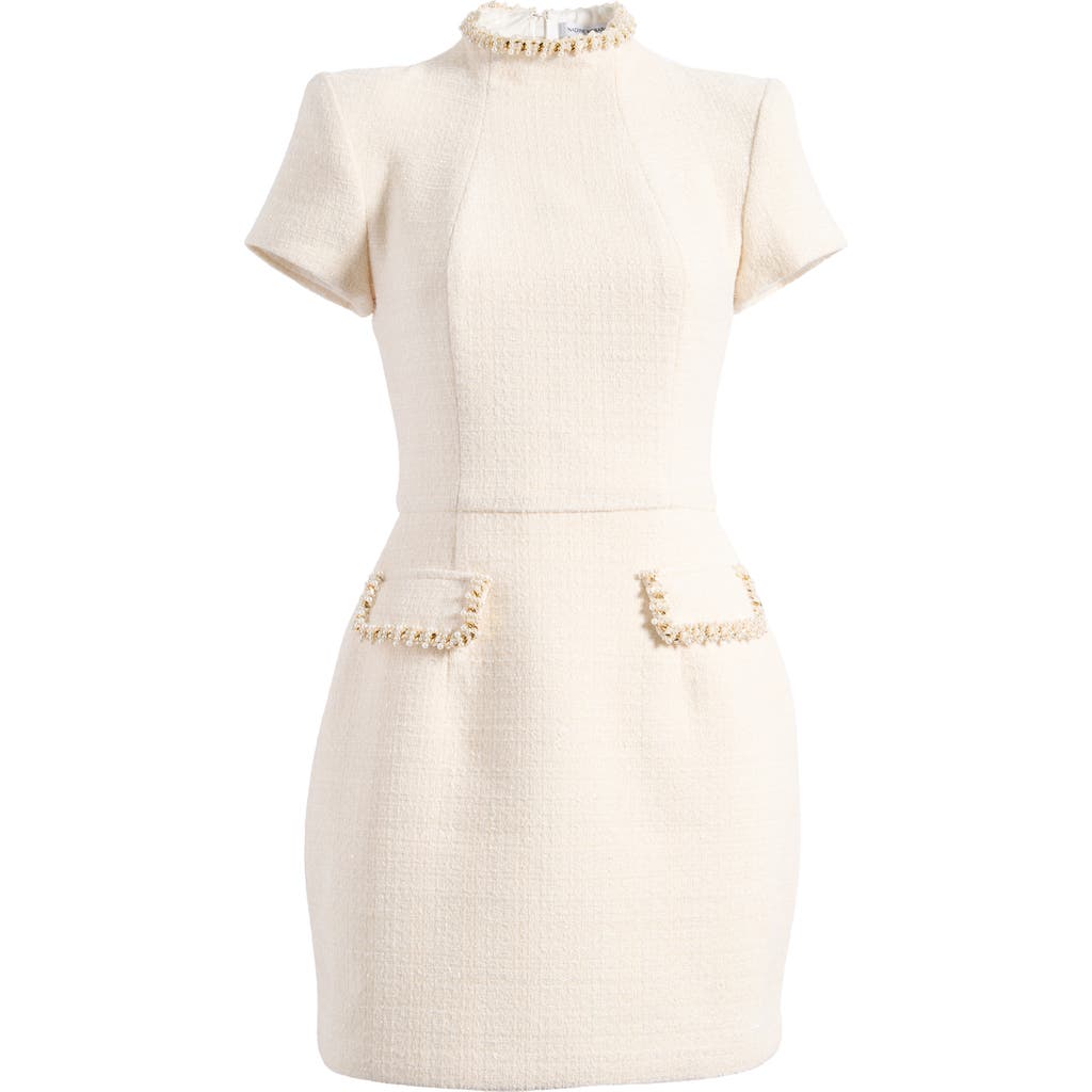 Shop Nadine Merabi Simone Embellished Trim Shimmer Tweed Minidress In Cream
