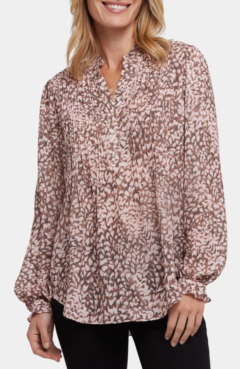 Pleated Yoke Long Sleeve Peasant Blouse