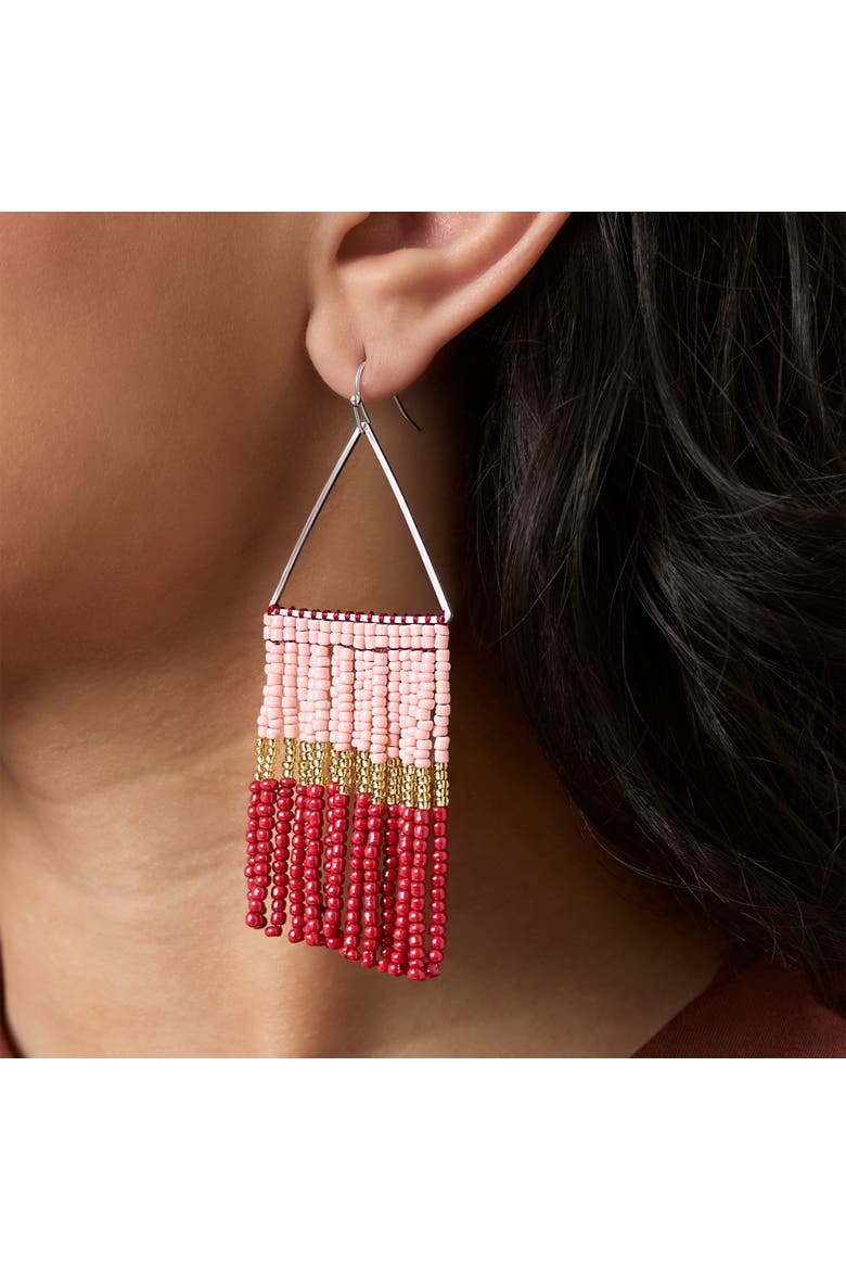 Pink and Red Ombre Beaded Fringe Earrings, Alternate, color, Pink/Red/Yellow