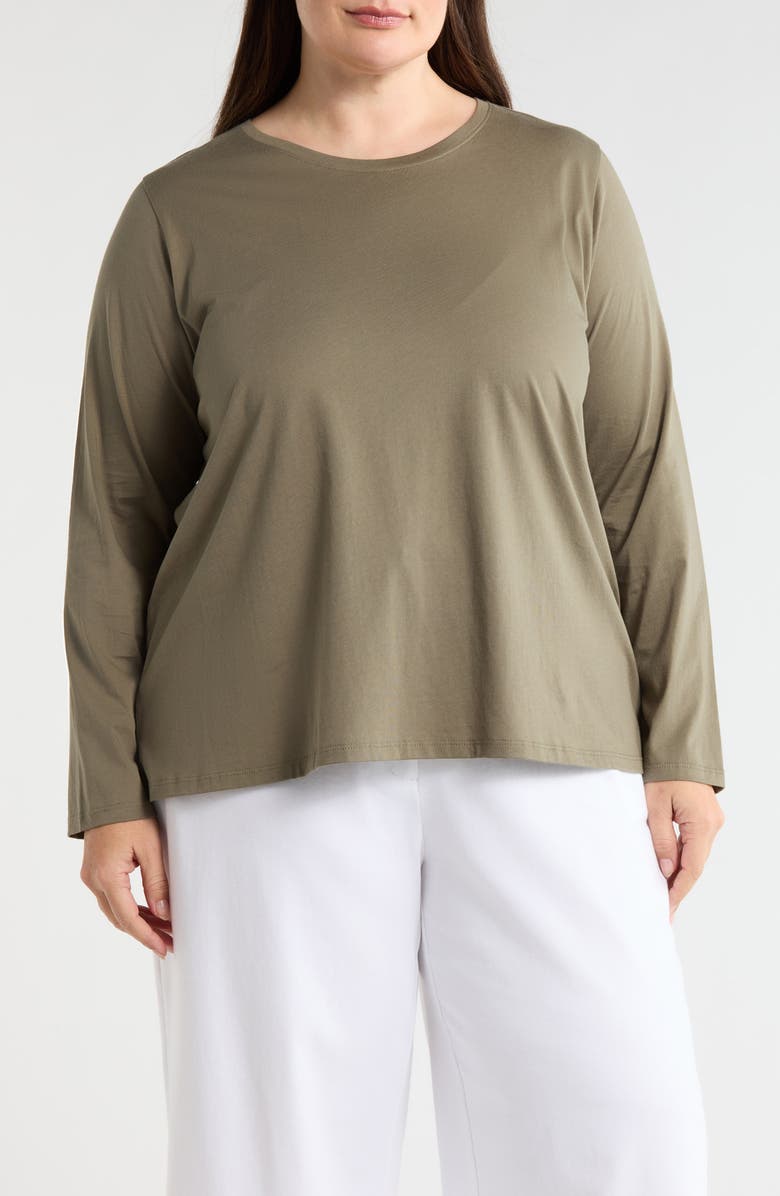Eileen Fisher Long Sleeve Cotton Crewneck Top, Main, color, Bay Leaf