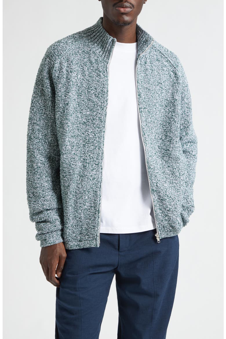 Mélange Cotton Blend Full Zip Sweater, Main, color, OFF-WHITE/ GREEN