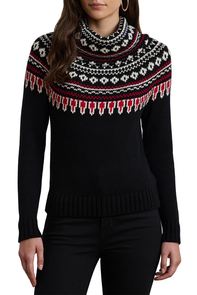 Fair Isle Cotton Turtleneck Sweater, Main, color, BLACK/ CREAM/ RED