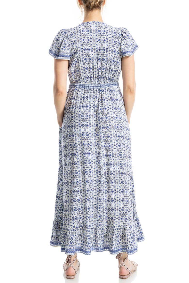 Empire Waist Flutter Sleeve Maxi Dress, Alternate, color, CREAM/ BLUE DEMASK REVERIE