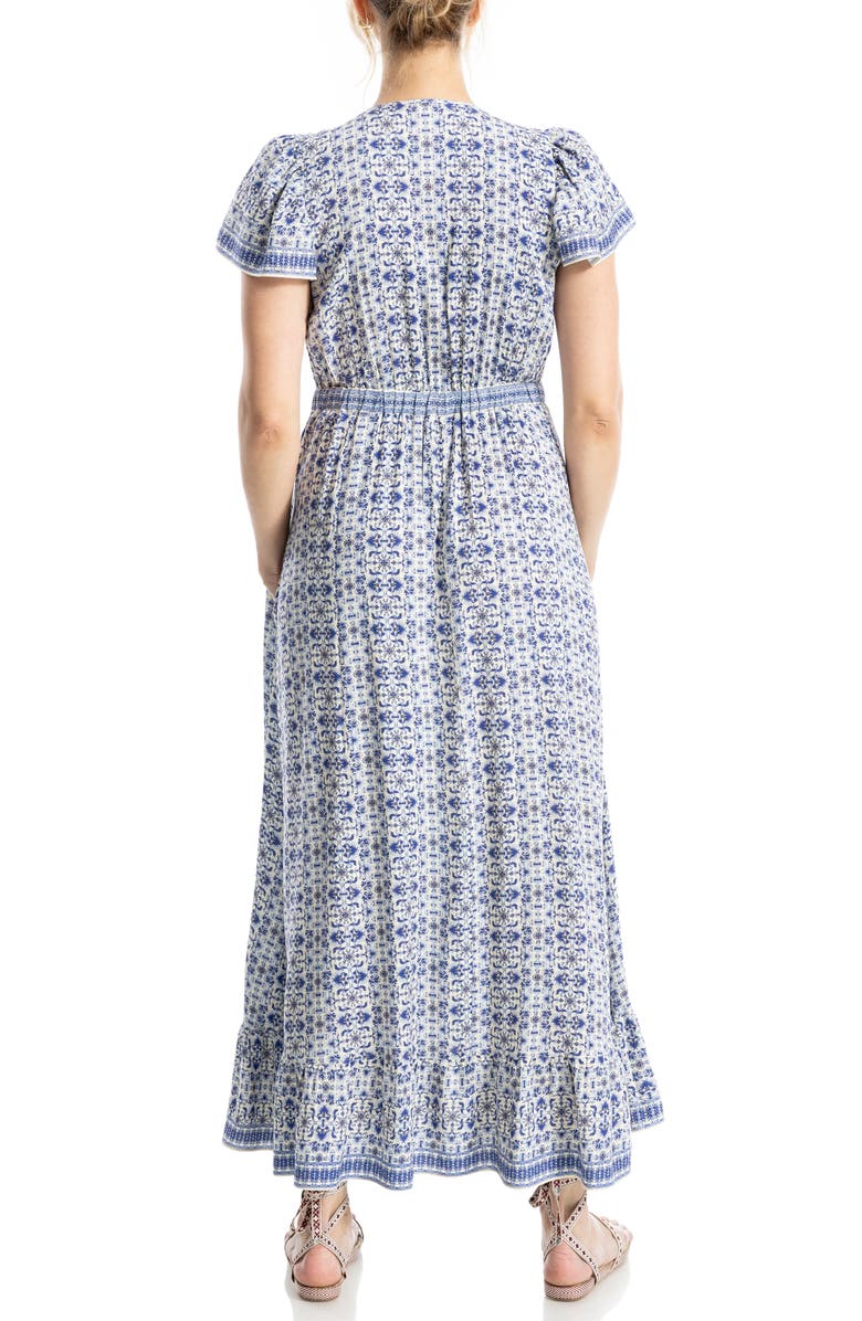 MAX STUDIO Empire Waist Flutter Sleeve Maxi Dress, Alternate, color, Cream/ Blue Demask Reverie