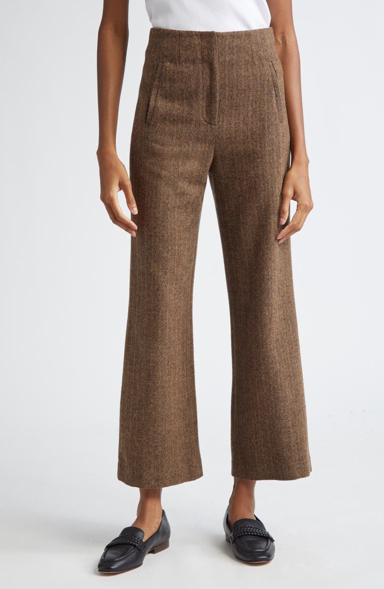 Veronica Beard Dova Tweed Herringbone Crop Wide Leg Pants, Main, color, Camel/ Black