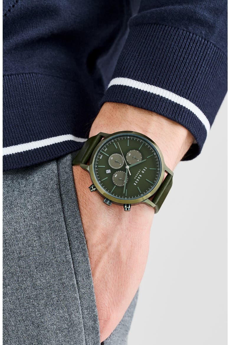 Haarvin Chronograph Leather Strap Watch, 44mm, Alternate, color, GREEN