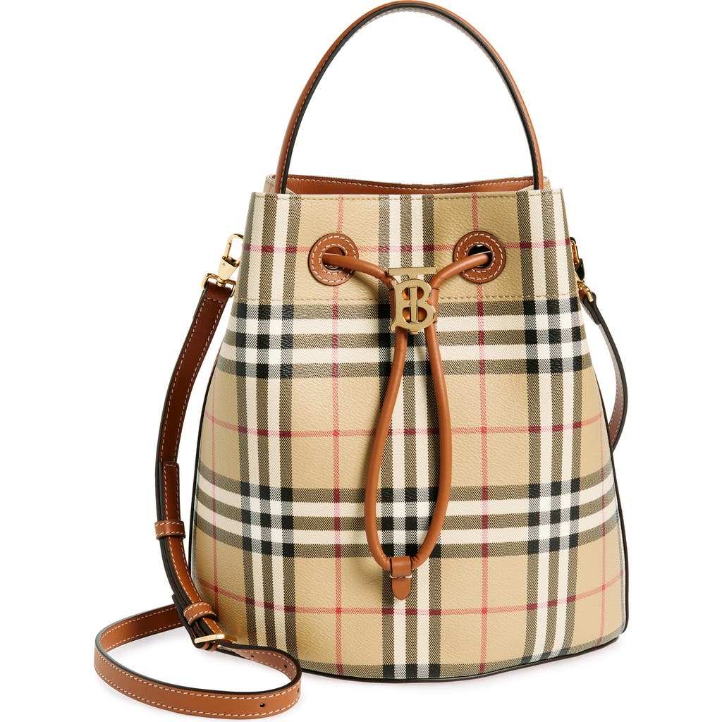 Burberry Small Check Drawstring Bucket Bag In Vntg Chk/briar Brown