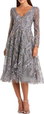 Mac Duggal Women's Floral Embroidered Long Sleeve V Neck Midi Dress