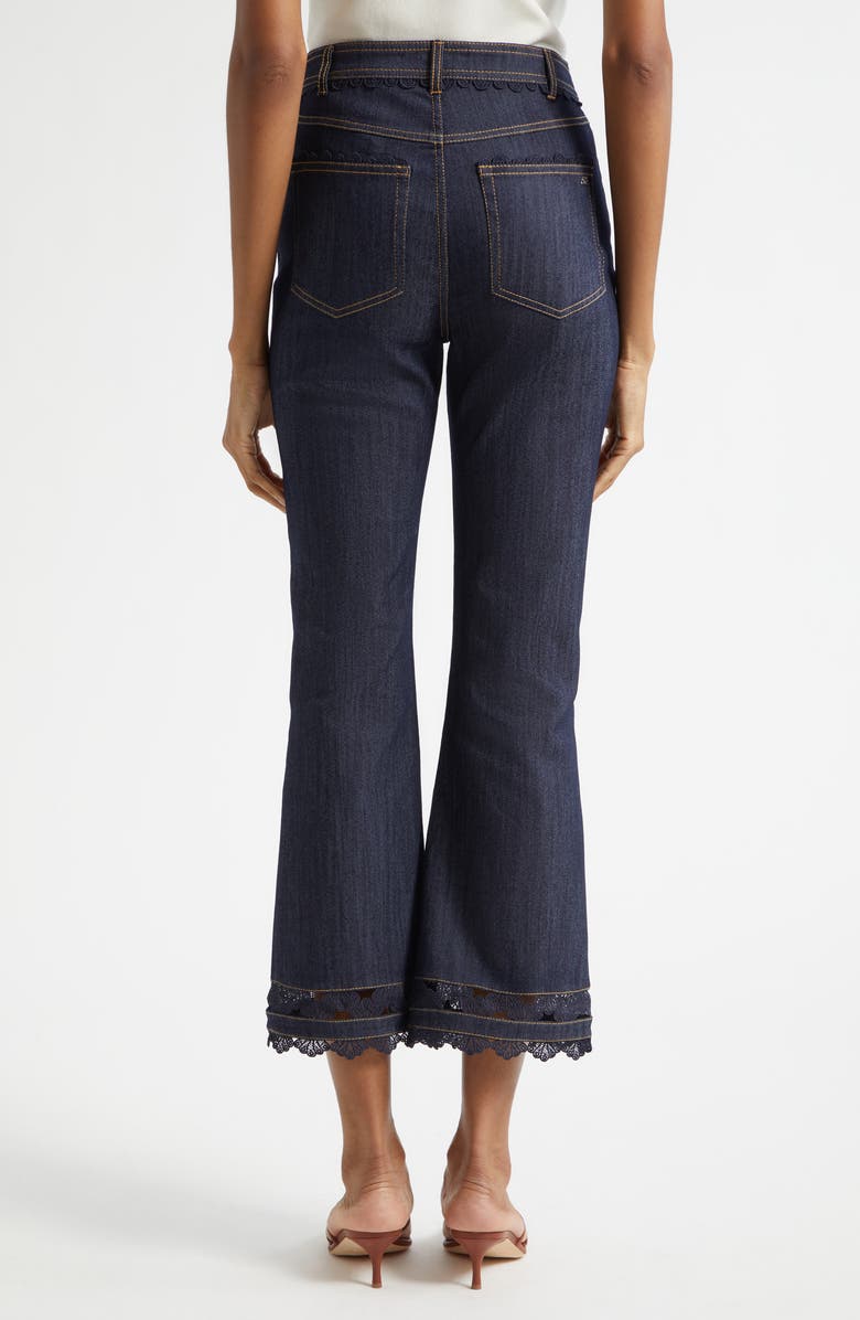 Cinq à Sept Guipure Lace Trim Cropped Flare Leg Jeans, Alternate, color, Indigo