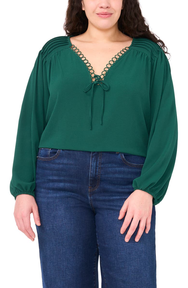 CeCe Circle Lace Long Sleeve Pintuck Top, Main, color, Alpine Green