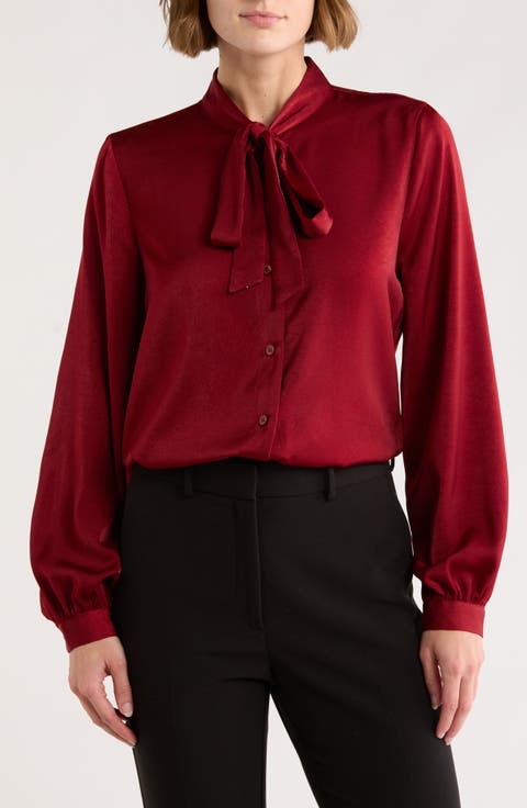 Tie Neck Crushed Satin Button-Up Shirt
