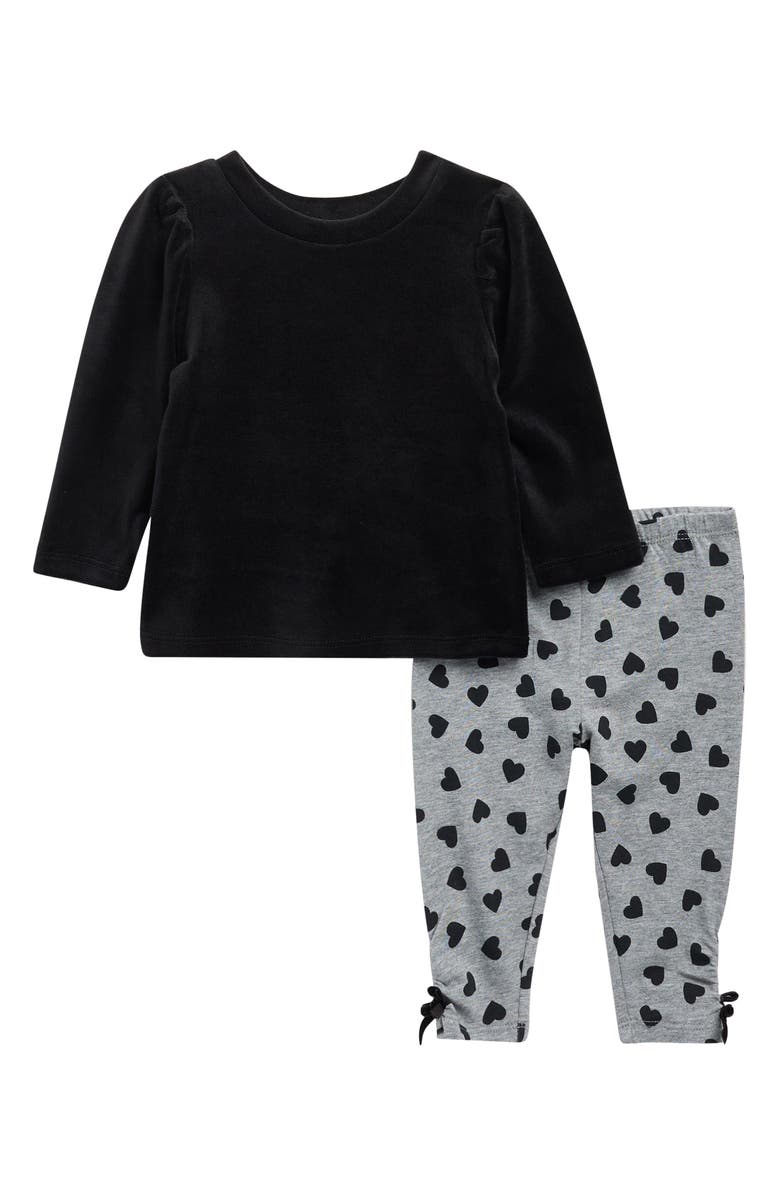 Splendid Velvet Top & Heart Print Leggings Set, Main, color, Black