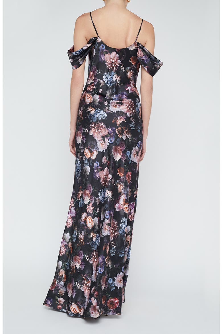 Kenna Floral Print Cold Shoulder Silk Maxi Dress, Alternate, color, BLACK MULTI VINTAGE OIL FLOWER