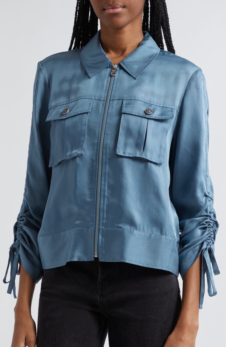 Cinq à Sept Dale Ruched Sleeve Cupro Satin Jacket, Alternate, color, Midnight Rain