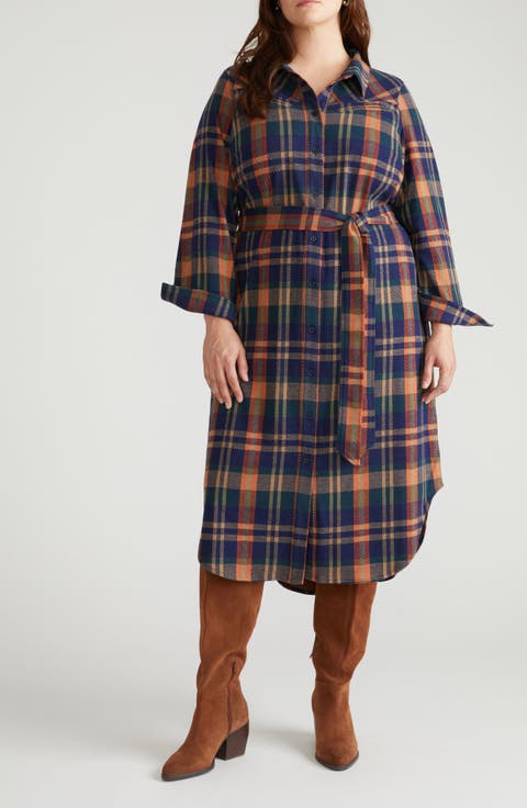 Morgan Long Sleeve Stretch Flannel Midi Shirtdress (Plus)