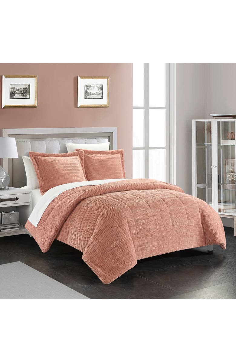 CHIC Rashid Ribbed Texture Microplush Faux Shearling Lined King Comforter 3-Piece Set - Beige, Alternate, color, 