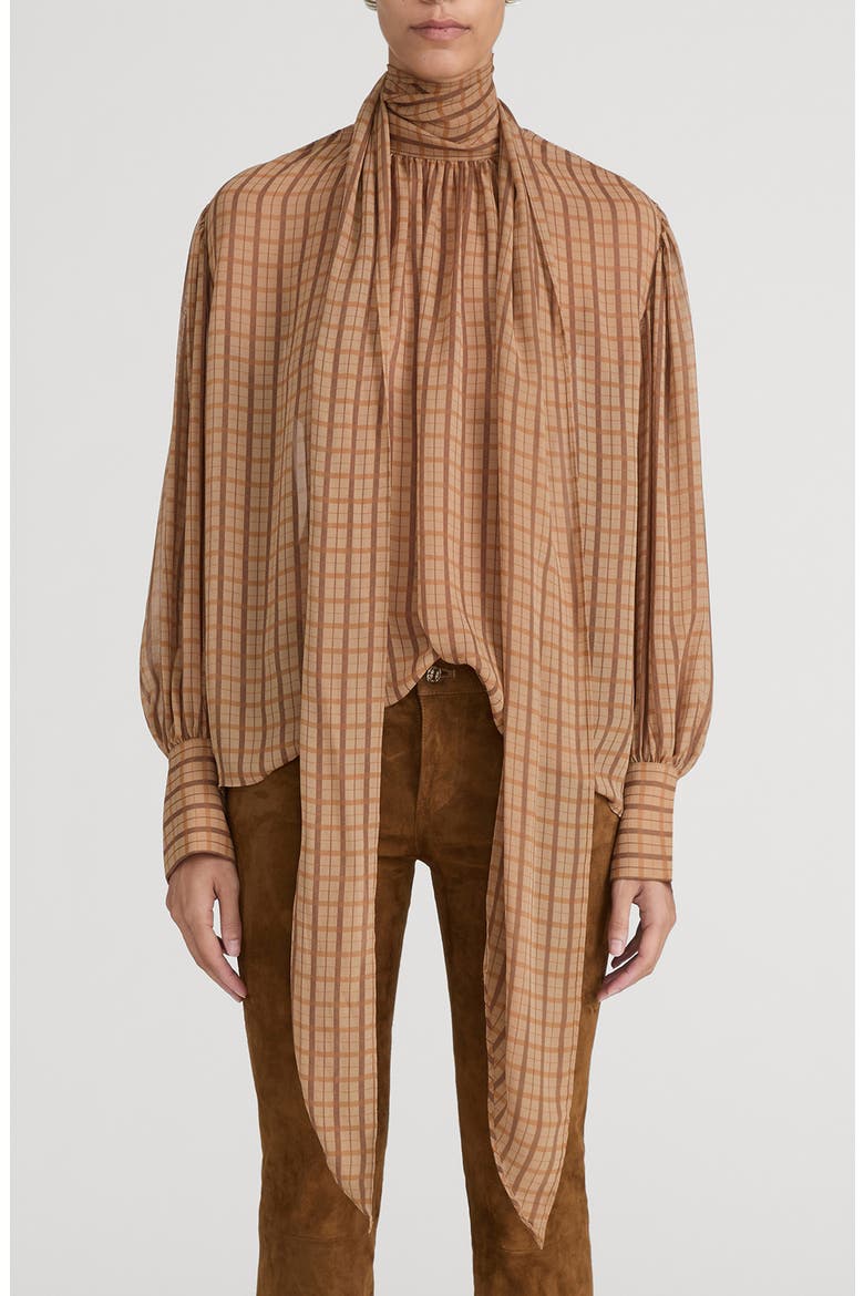 The Lantern Plaid Silk Top, Main, color, TAUPE MULTI PLAID