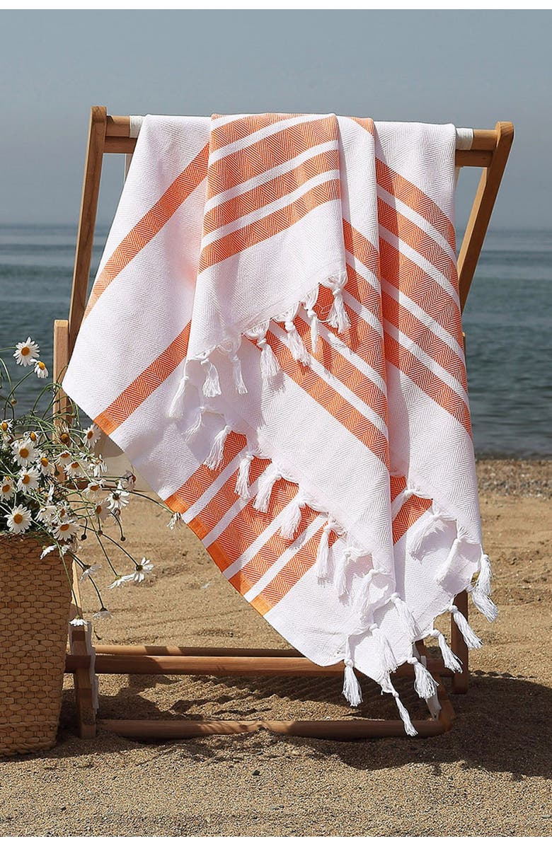 Linum Home Textiles 100% Turkish Cotton Herringbone Pestemal Beach Towel - Orange & White, Alternate, color, 