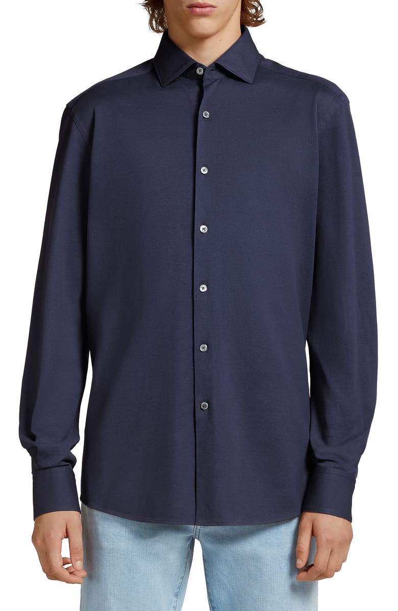 ZEGNA Stretch Cotton Jersey Button-Up Shirt, Main, color,