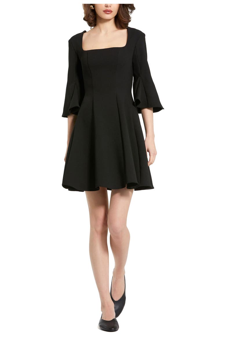 Mac Duggal Crepe Square Neck 3/4 Sleeve Godet Mini Dress, Main, color, Black