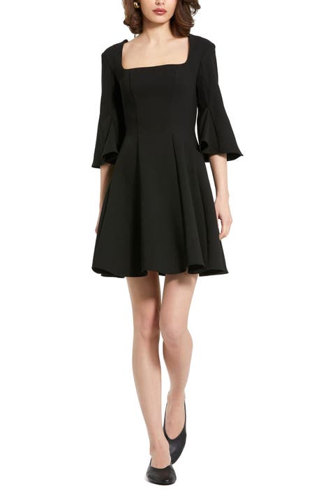 Crepe Square Neck 3/4 Sleeve Godet Mini Dress