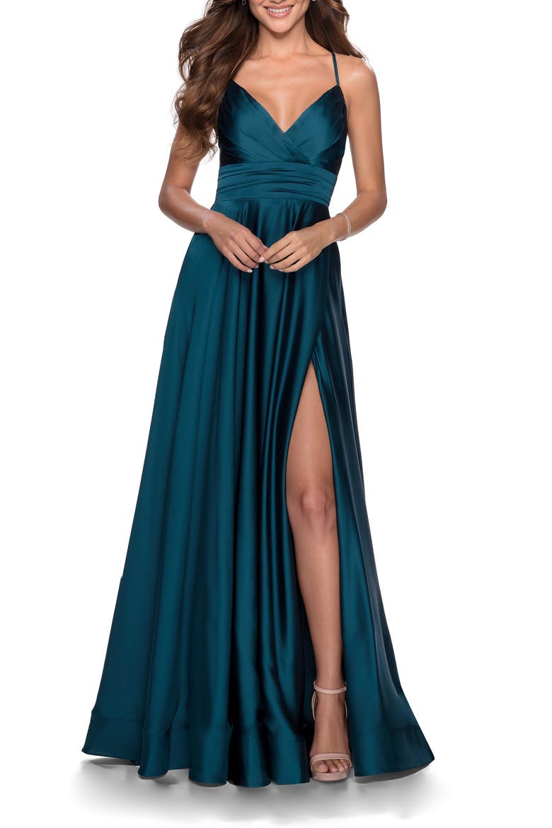 Satin Empire Waist Sleeveless Gown, Main, color, TEAL