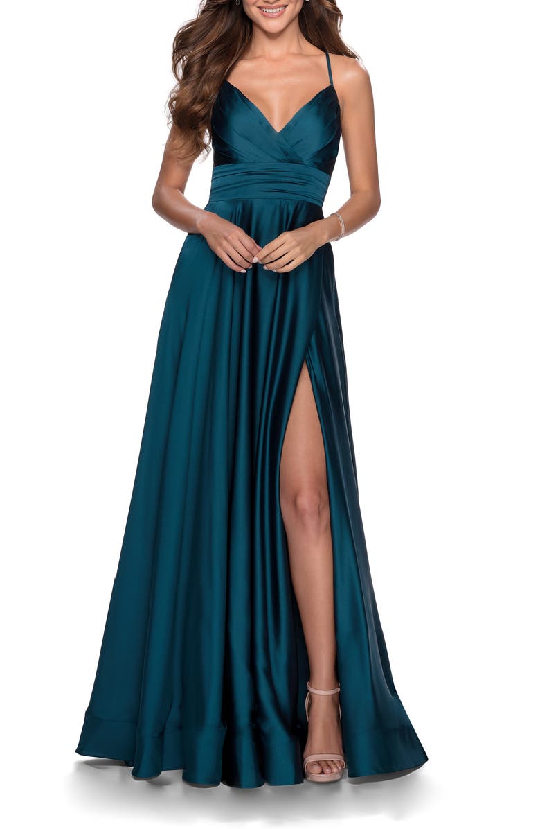 La Femme Satin Empire Waist Sleeveless Gown, Main, color, 