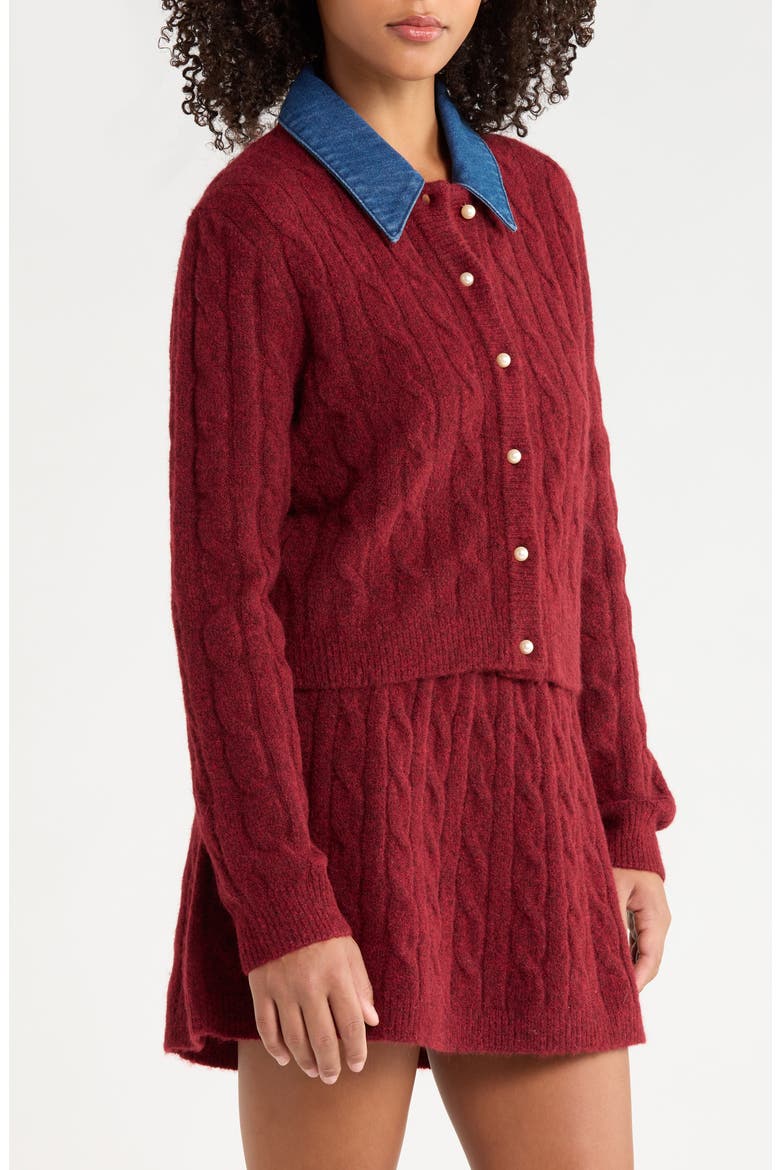 Removable Denim Collar Cardigan, Alternate, color, DARK CHERRY
