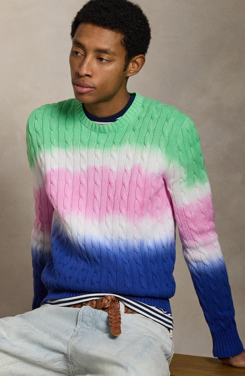 Polo Ralph Lauren Dip Dye Cable Stitch Cotton Crewneck Sweater, Alternate, color, Green Multi