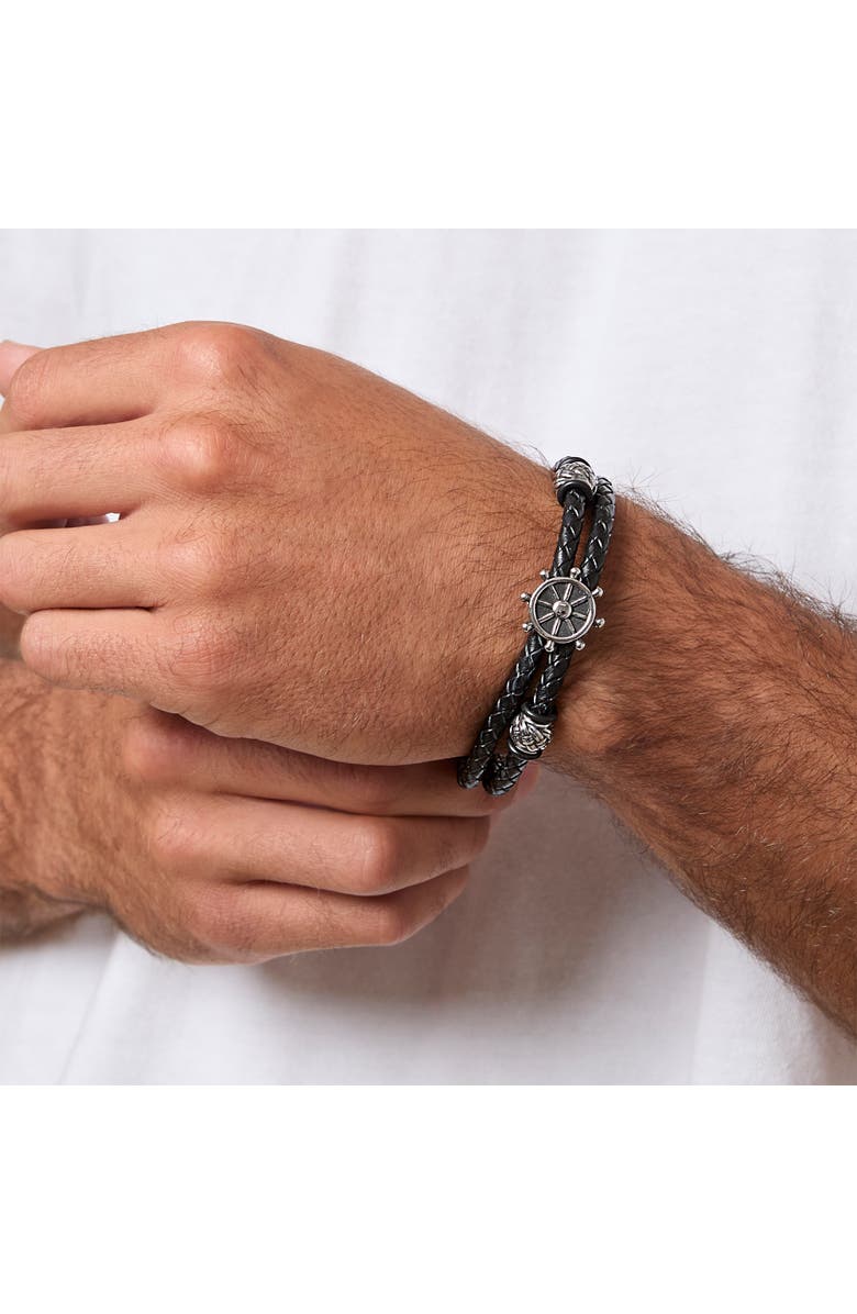 Lucky Brand Nautical Wheel Black Braided Leather Bracelet, Alternate, color, Black