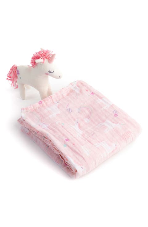 Cotton Muslin Swaddle Blanket & Stuffed Animal Gift Set