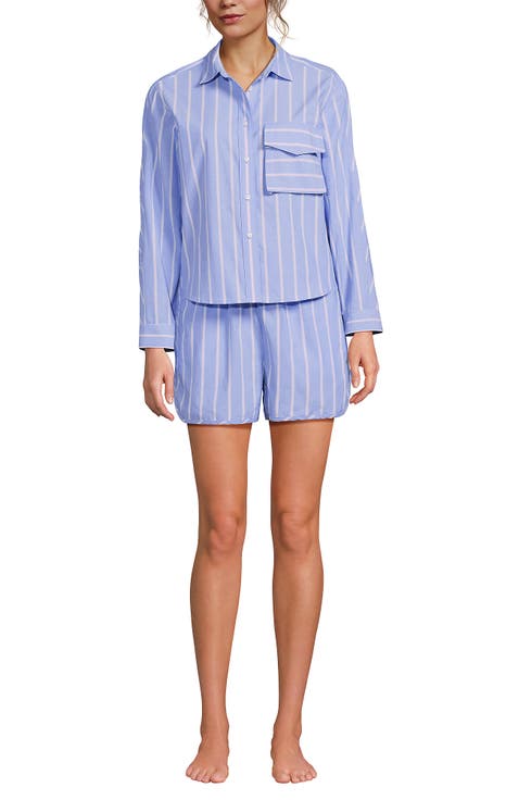 Cotton Poplin 2 Piece Pajama Set - Long Sleeve Top and Shorts with Piping