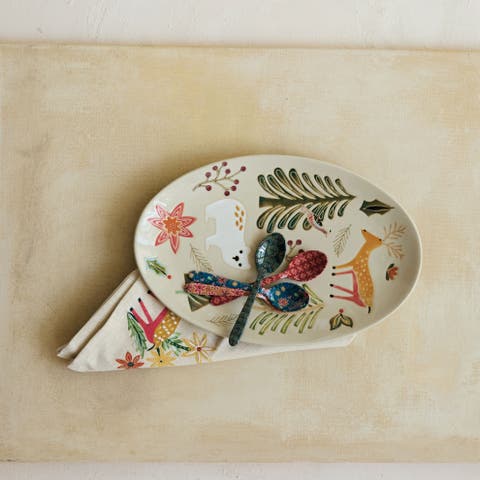 Wildwood Stoneware Platter with Hand-Painted Botanical Animals