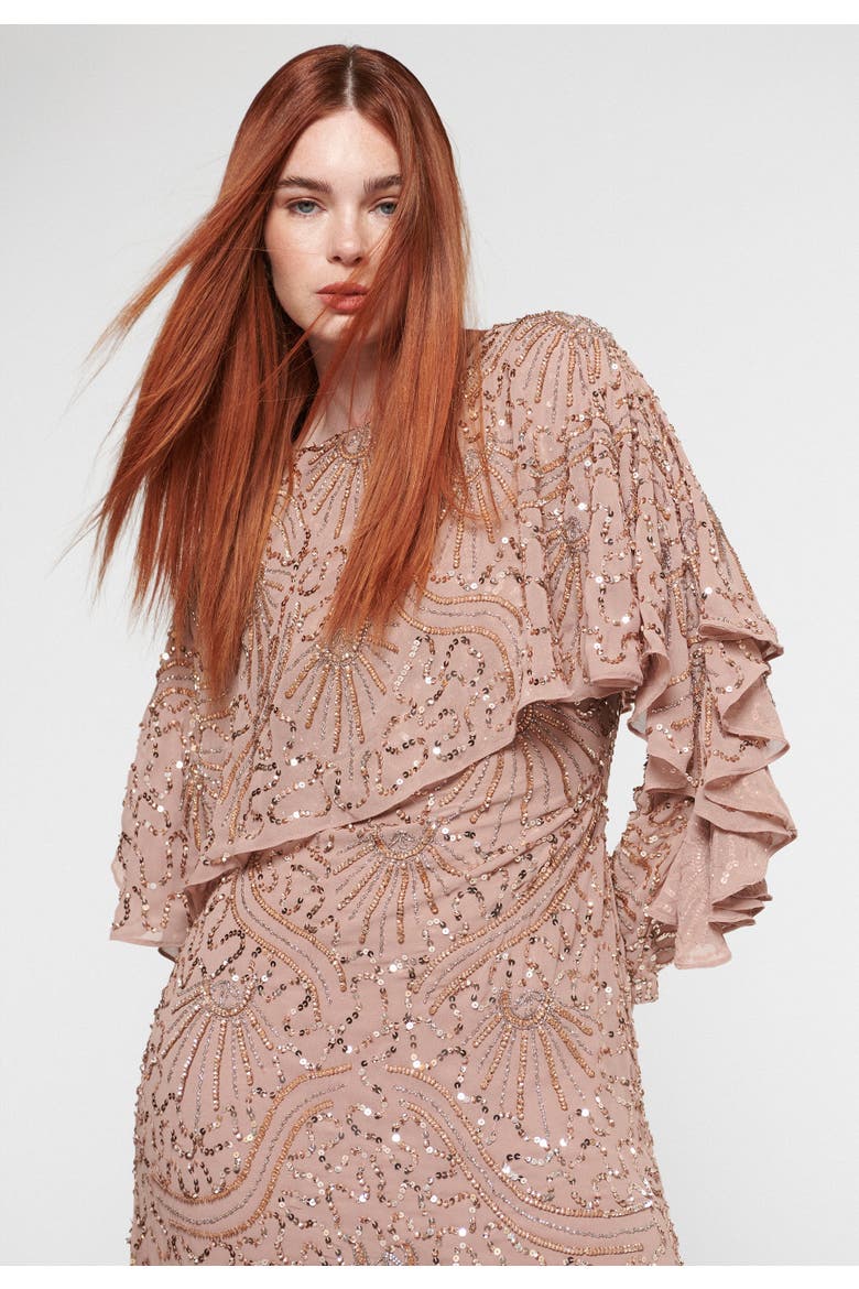 Occasion Modest Embellished Sequin Beaded Evening Maxi Dress, Alternate, color, TAUPE BLUSH