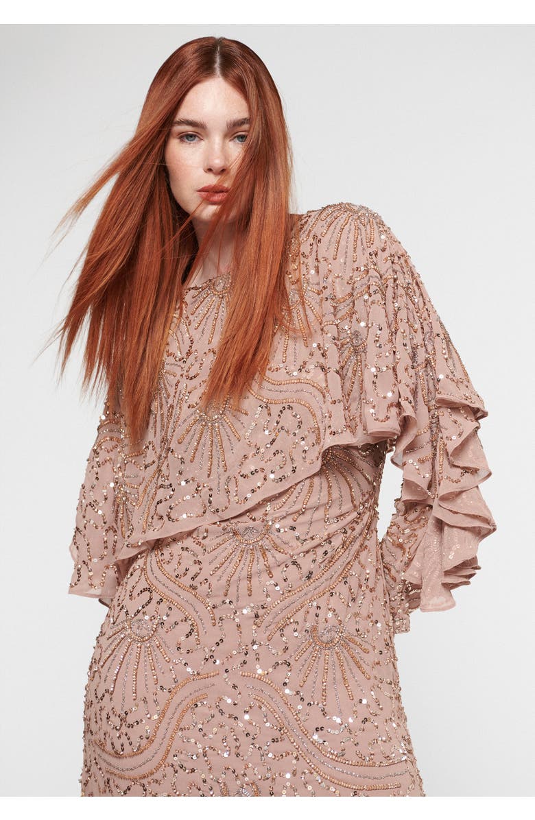 MARYISA Occasion Modest Embellished Sequin Beaded Evening Maxi Dress, Alternate, color, Taupe Blush