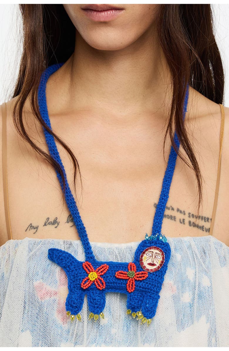 Bimba y Lola Embroidered Mask Crochet Necklace, Alternate, color, Blue