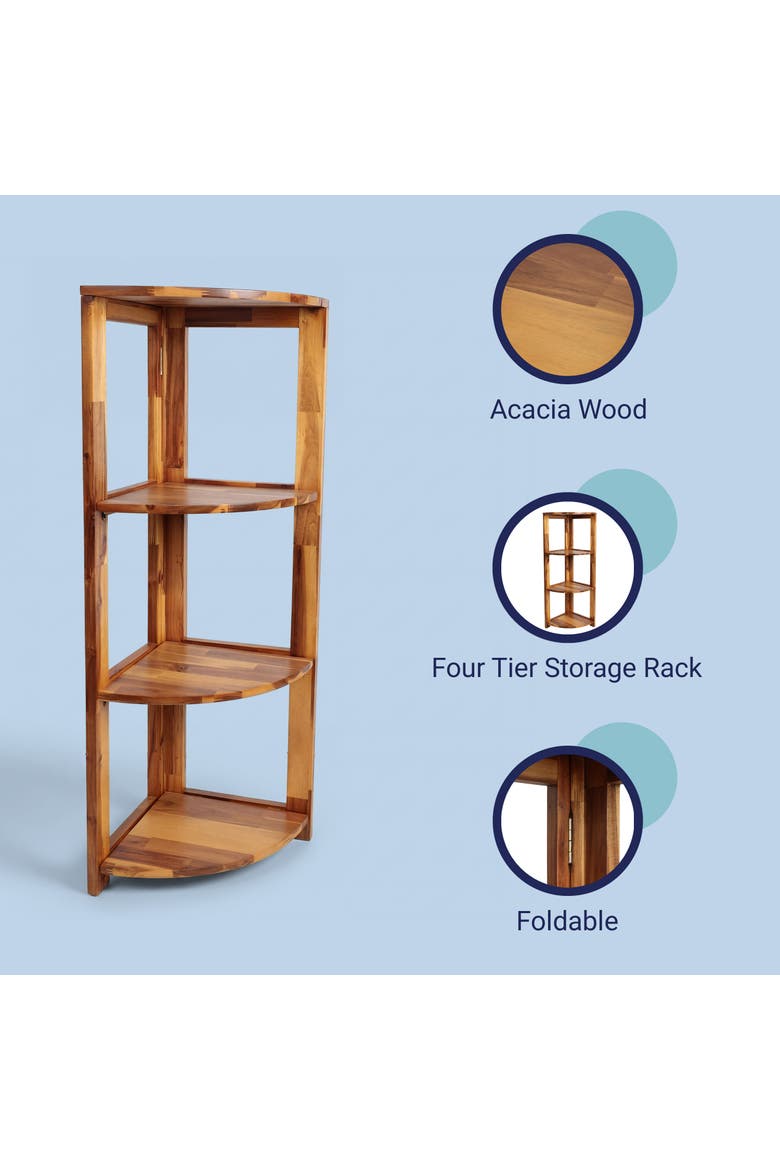 Terra Rustic Handcrafted Acacia Wood 4-Tier Indoor/Outdoor Folding Corner Storage Rack, Alternate, color, Natural