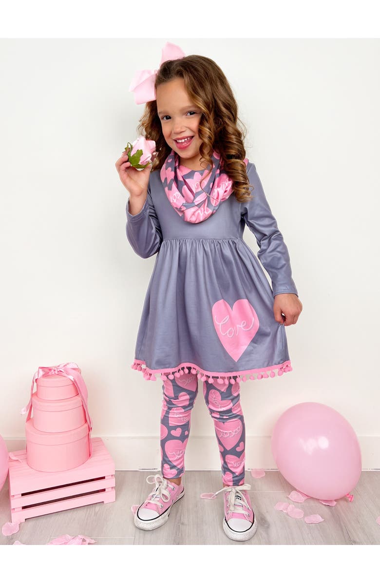 Mia Belle Girls Big Heart Tunic, Scarf and Legging Set, Alternate, color, Gray