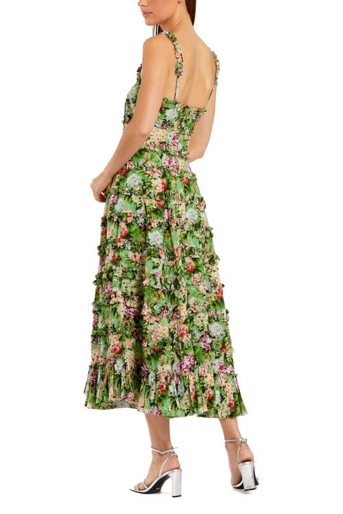 Mac Duggal Ruffle Floral Square Neck Midi Dress In Green