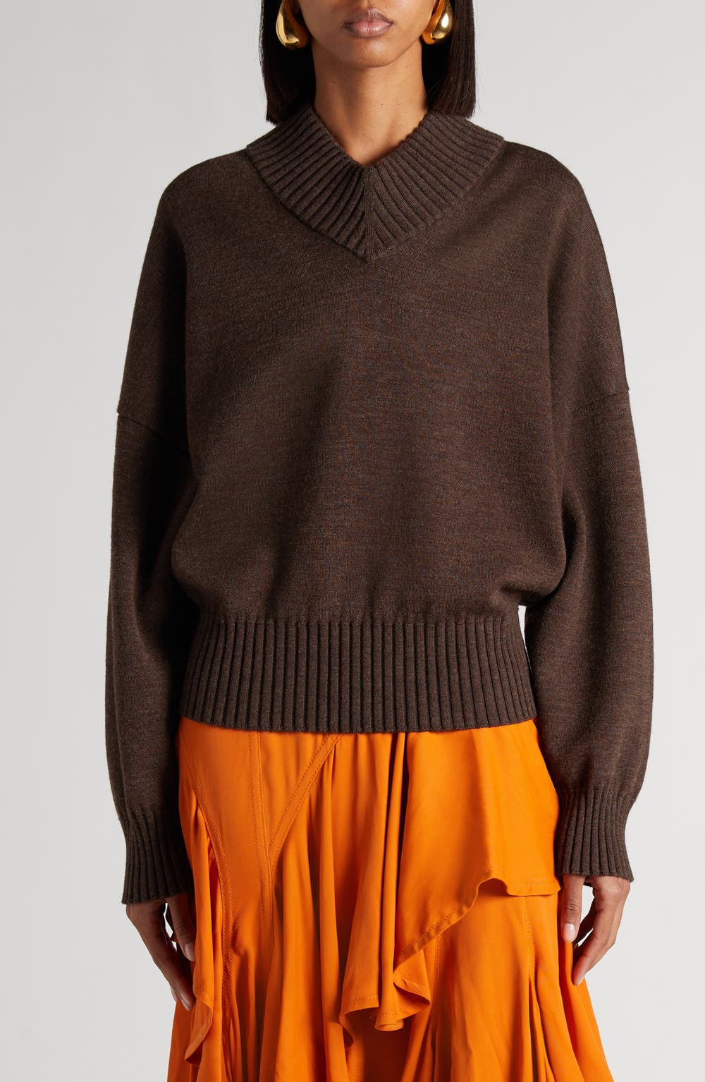 Relaxed Fit Double Cotton Blend V-Neck Sweater, color, 2164 DARK CHESTNUT