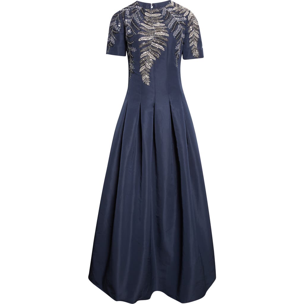 Oscar De La Renta Sequin Fern Embroidered Faille Gown In Blue