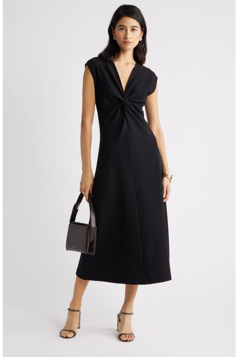 Twist Front Cap Sleeve Midi Dress, Main, color, BLACK