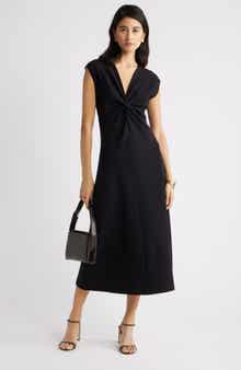 Twist Front Cap Sleeve Midi Dress